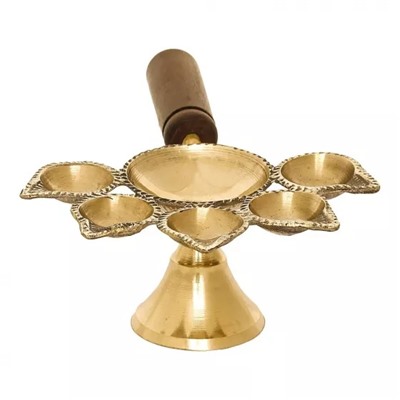 Лампа Панчдип Дия, Golden Brass Panchdeep Diya for 5 Cotton Wicks with Wooden Holder, произв. eCraftIndia