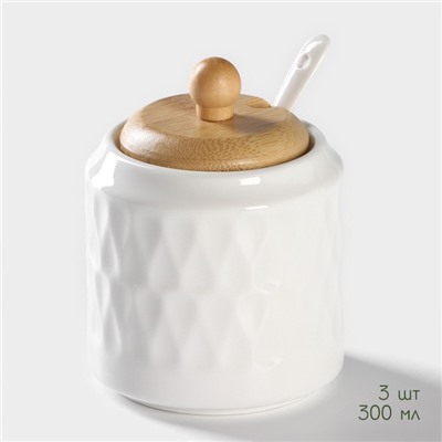 Банки для сыпучих BellaTenero «Тюльпан», 300 мл, с ложками, на бамбуковой подставке, фарфор, белые