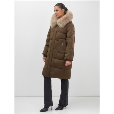 Пальто зимнее утепленное с мехом и капюшоном тренд горчичного цвета 7629G