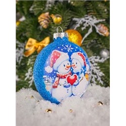 Елочная игрушка стеклянная декорированная "Медальон - Пара снеговиков"