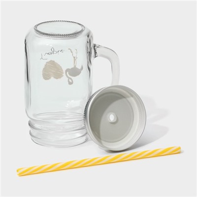 Кружка Доляна «Золотой фламинго», 450 мл, 10×7.5×13 см, с ручкой, крышкой и трубочкой, стекло, прозрачная