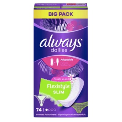 always Slipeinlage Flexistyle Slim Fresh BigPack 74 St, Прокладки Ежедневные тонкие Flexistyle с ароматом свежести 74 штуки, 2 упаковки (148 штук)