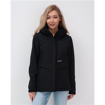 Ветровка спортивная женская с капюшоном softshell черного цвета 9566Ch