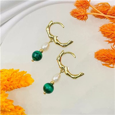 Радуга Самоцветов Серьги двойные из Малахита и Жемчуга