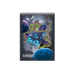 Блокнот, А7, 40 л, арт. 64397 КОСМОС / Блок - белый офсет 65 г/м², клетка, гребень по короткой стороне, УФ-лак сплошной,