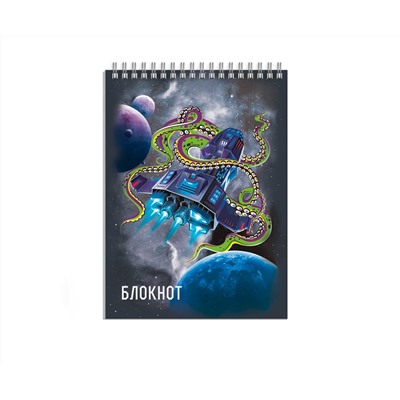 Блокнот, А7, 40 л, арт. 64397 КОСМОС / Блок - белый офсет 65 г/м², клетка, гребень по короткой стороне, УФ-лак сплошной,