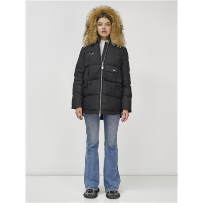 Куртка женская зимняя с мехом енот премиум класса черного цвета 3146Ch