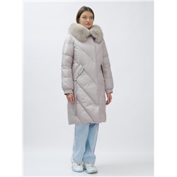 Пальто женское зимние с мехом песец люкс класса бежевого цвета 1316B