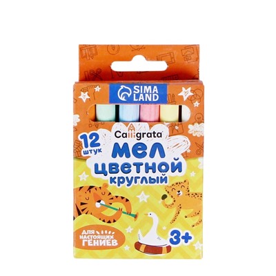 Мел школьный, цветной, набор 12 штук, круглый, в картонной коробке