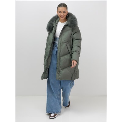 Пальто зимнее утепленное с мехом и капюшоном тренд цвета хаки 7745Kh