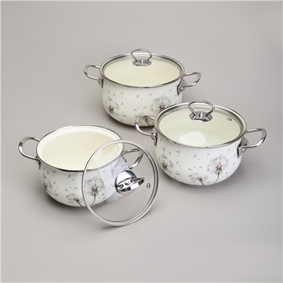 НАБОР КАСТРЮЛЬ ЭМАЛИРОВАННЫЙ, СЕРИЯ "DANDELION" 6ПР. 2,0/2,8/3,8Л ДИА.18/20/22СМ