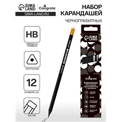 Набор карандашей чернографитных 12 штук, Calligrata Classic, с ластиком, заточенные, пластик, трехгранные, черные
