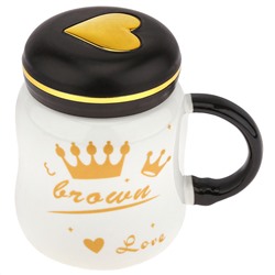 Кружка фарфоровая "Корона" 420мл, д9,1см h11см, глянцевая глазурь, деколь - микс с золотом, цвет - белый, пластмассовая, винтовая крышка, герметичная, с силиконовым уплотнителем, д/горла 6,3см, д/основания 7см, в подарочной коробке (Китай)