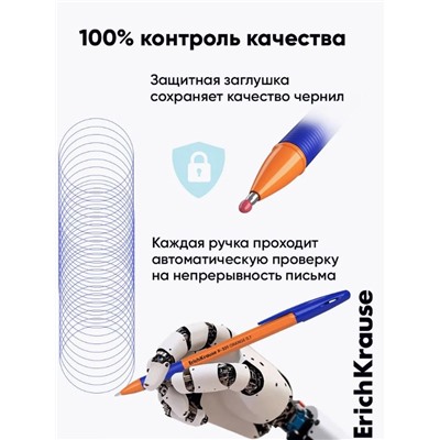 Ручка шариковая ErichKrause R-301 Orange Stick & Grip, узел 0.7 мм, чернила синие, резиновый держатель, длина линии письма 2000 метров