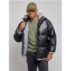 Куртка из экокожи мужская с плюшевым капюшон черного цвета 28132Ch
