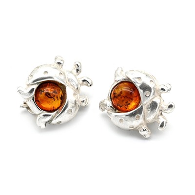 Брошь Божья коровка 15*18мм с янтарём в посеребрении цв.коньячный