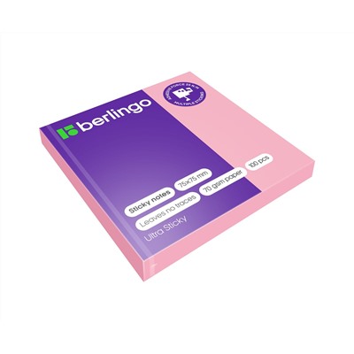 Самоклеящийся блок Berlingo "Ultra Sticky", 75*75мм, 100л., пастель, розовый