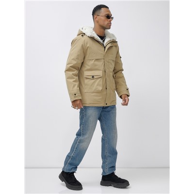 Парка мужская зимняя удлиненная с мехом горчичного цвета 8757G