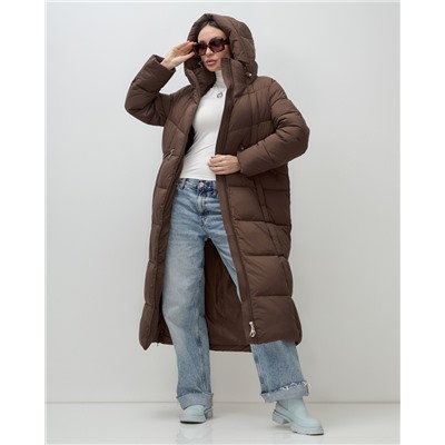 Пальто зимнее утепленное с капюшоном женское коричневого цвета 7729K