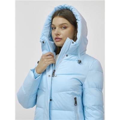 Пальто утепленное стеганное зимнее с капюшоном женское голубого цвета 9636_1Gl