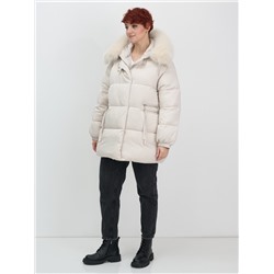 Куртка зимняя женская с мехом и капюшоном тренд бежевого цвета 7639B