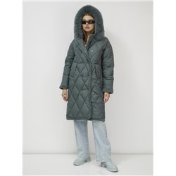 Пальто зимнее женское с мехом и овчиной премиум класса темно-зеленого цвета 3196TZ