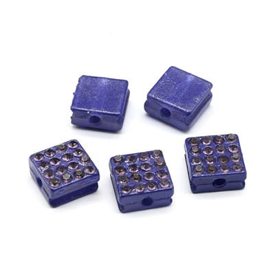 Бусина полимерная со стразами квадрат 10*10мм, цв.фиолетовый (упаковка 5 штук)