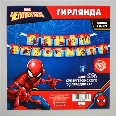 Гирлянда на ленте "С днем рождения", 215 см, Человек-паук