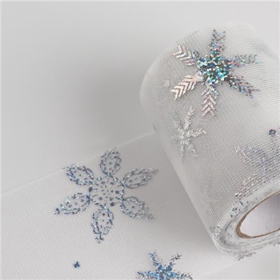 Фатин со снежинками, с голографией, 7.5 см, 9.1±0.5 м, 11±1 г/м², белый №33