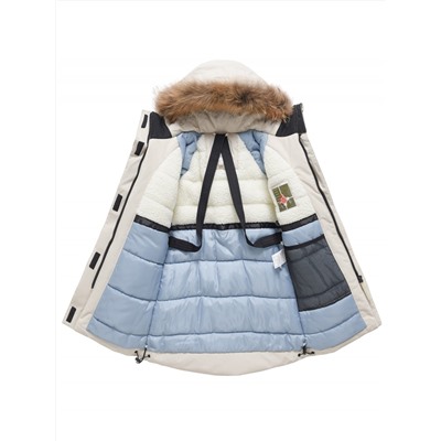 Парка зимняя подростковая для девочки с капюшоном и мехом бежевого цвета 9534B