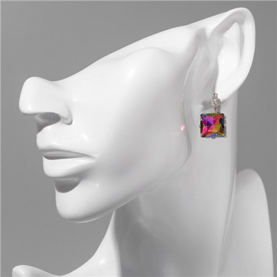 Серьги со стразами «Квадрат» мерцание, цвет бело-бензиновый в серебре