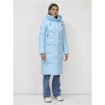 Пальто утепленное стеганное зимнее с капюшоном женское голубого цвета 9636_1Gl