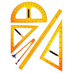 Набор для школьной доски, 5 предметов: 2 треугольника, 1 транспортир, 1 циркуль, 1 линейка