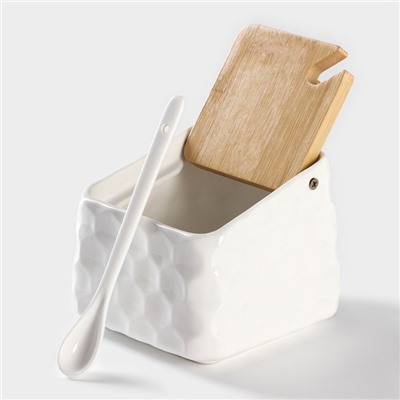 Банка для сыпучих BellaTenero, 800 мл, 14.5×11 см, с ложкой, с бамбуковой крышкой, фарфор, белая