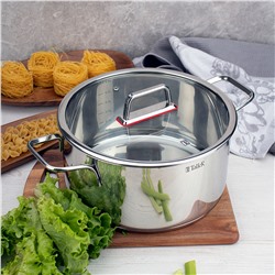 Кастрюля из нержавеющей стали "Tendency" 6,8л, д26см, h13,5см, s0,6мм, дно s2,8мм, плоская стеклянная жаропрочная крышка, пароотвод, стальной обод, капсулированное дно, прутковые ручки из нержавеющей стали на точечной сварке, полировка снаружи - зерк