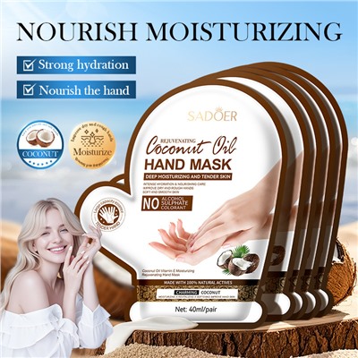Питающие маски-перчатки для рук с кокосовым маслом и витамином Е SADOER Coconut Oil Hand Mask, 40 мл