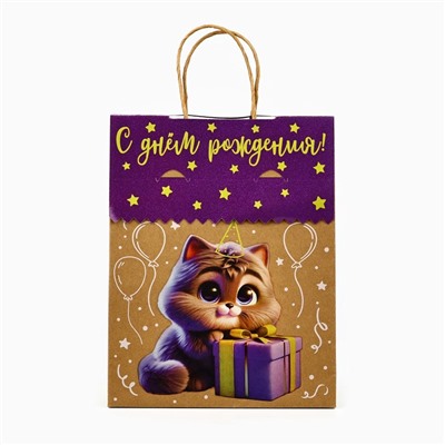 Пакет с клапаном «С Днём рождения», котик, крафт, глиттер, 19,5 × 10 × 25.2 см