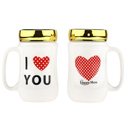 Кружка фарфоровая "Любовь" 480мл, д7,9см h13,5см, глянцевая глазурь, с деколью, цвет - белый, пластмассовая, винтовая крышка, герметичная, с силиконовым уплотнителем, д/горла 6,3см, д/основания 6см, набор 2 штуки, в подарочной коробке (Китай)