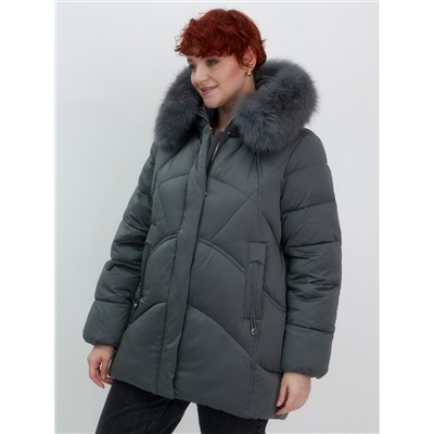 Куртка зимняя женская с мехом и капюшоном тренд темно-зеленого цвета 7656TZ