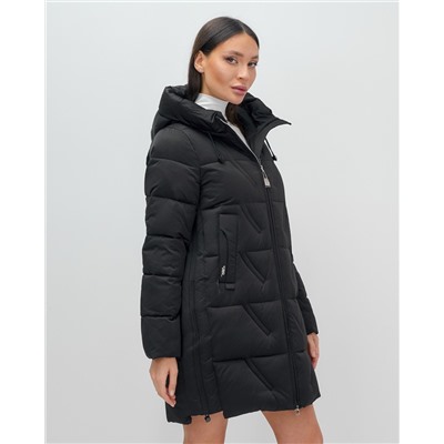 Куртка зимняя женская классическая с капюшоном черного цвета 7671Ch