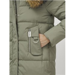 Куртка женская зимняя с мехом енот премиум класса цвета хаки 386Kh