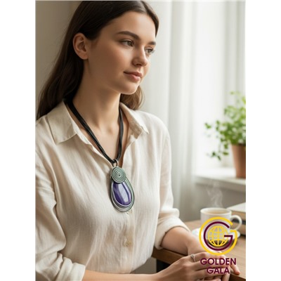 Кулон-подвеска из натурального Агата  на многослойном шнурке АБ4/001 фиолетово-синий