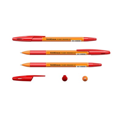 Ручка шариковая ErichKrause R-301 Orange Stick & Grip, узел 0.7 мм, чернила красные, резиновый держатель, длина линии письма 2000 метров