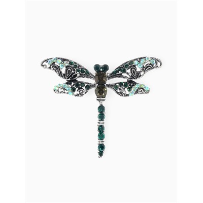 Брошь «Стрекоза» ажурная, чёрно-зелёная в чернёном серебре