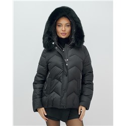 Куртка зимняя женская с мехом и капюшоном тренд черного цвета 7759Ch