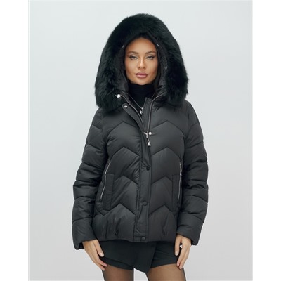 Куртка зимняя женская с мехом и капюшоном тренд черного цвета 7759Ch