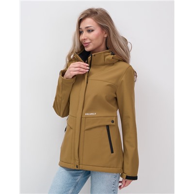 Ветровка спортивная женская с капюшоном softshell горчичного цвета 9566G