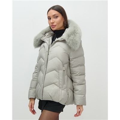 Куртка зимняя женская с мехом и капюшоном тренд светло-зеленого цвета 7759ZS