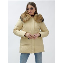 Куртка женская зимняя с мехом енот премиум класса желтого цвета 3322_1J