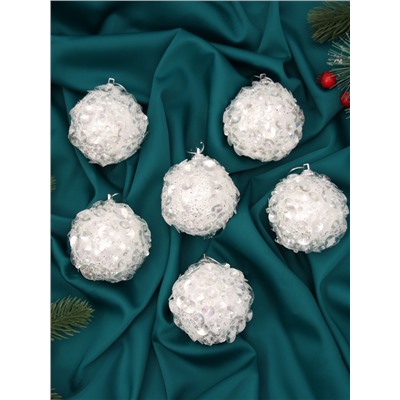 Ёлочные игрушки «Альваро», шары новогодние, d=7 см, набор 6 шт., пайетки, белый